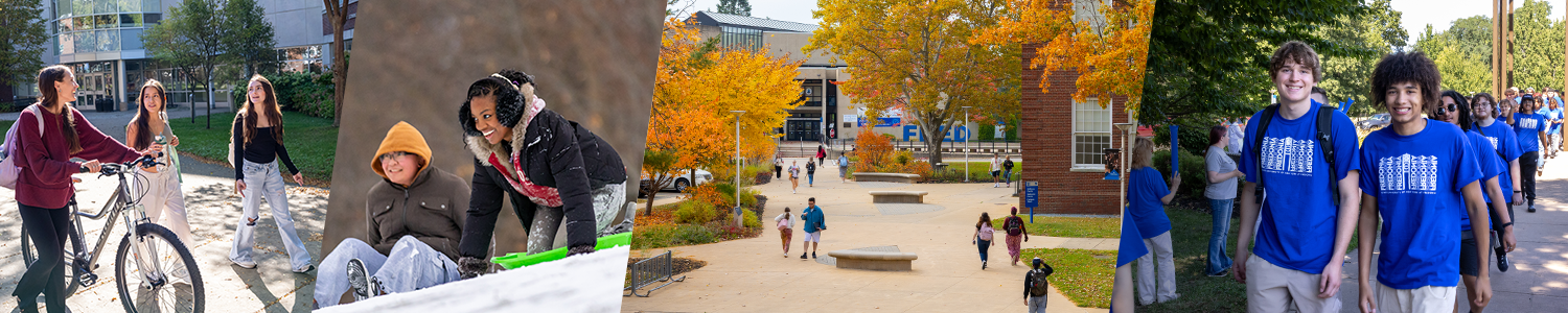 Four images of students on the SUNY Fredonia campus during different times of the year.